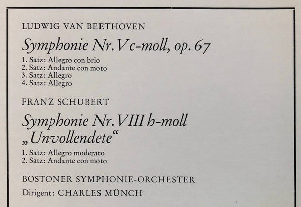 Boston Symphony Orchestra, Charles Munch, Ludwig van Beethoven, Franz Schubert : Beethoven Symphony No.V In C Minor - Schubert Symphony No. VIII In B Minor "Unfinished" (LP)