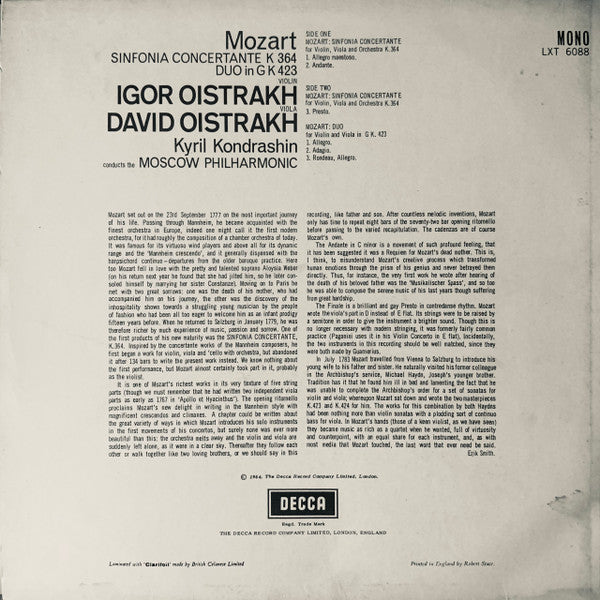 Wolfgang Amadeus Mozart - Igor Oistrach / David Oistrach / Kiril Kondrashin / Moscow Philharmonic Orchestra : Sinfonia Concertante K.364 / Duo In G K.423 (LP, Album, Mono)