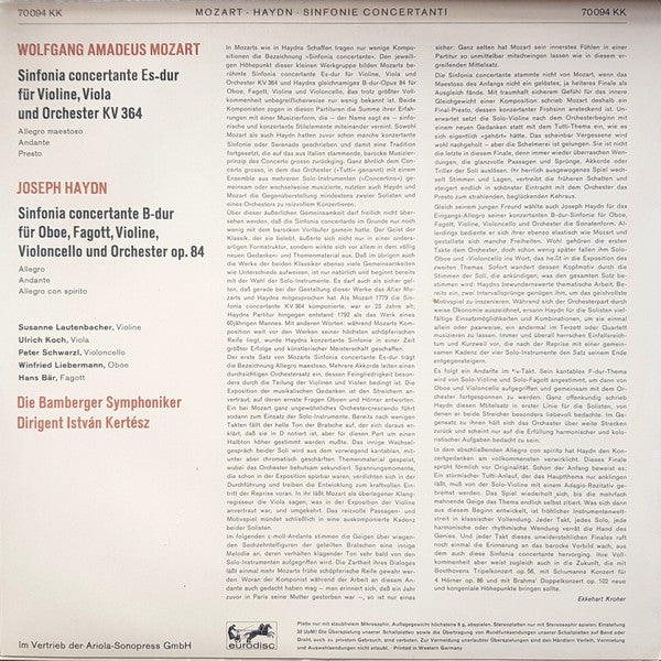 Wolfgang Amadeus Mozart / Joseph Haydn, Bamberger Symphoniker, István Kertész : Sinfonia Concertante Es-Dur Für Violine, Viola Und Orchester KV 364 / Sinfonia Concertante In B-Dur Für Oboe, Fagott, Violine, Violoncello U. Orchester Op. 84 (LP, Mono)