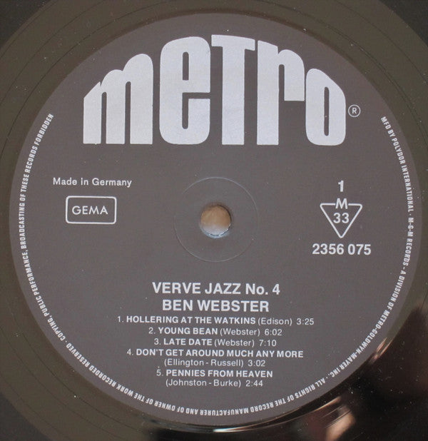 Ben Webster With Harry Edison, Roy Eldridge, Benny Carter, Coleman Hawkins : Verve Jazz No. 4 (LP, Comp, Mono)