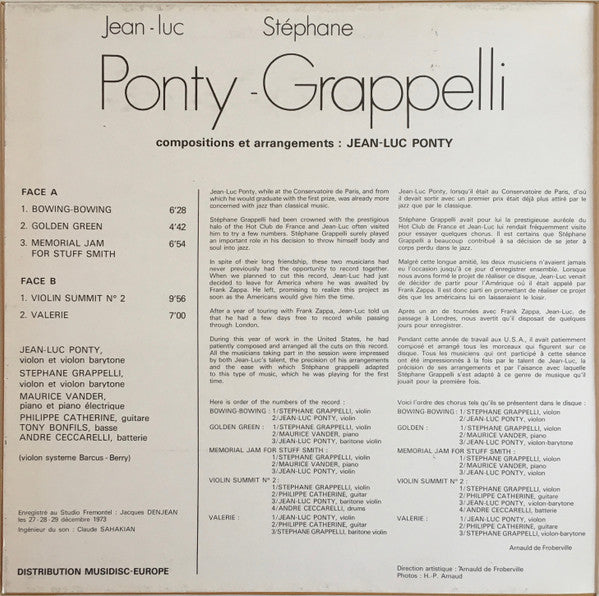 Jean-Luc Ponty - Stéphane Grappelli Featuring Maurice Vander, Philip Catherine, Tony Bonfils, André Ceccarelli : Ponty - Grappelli (LP, Album, 10 )