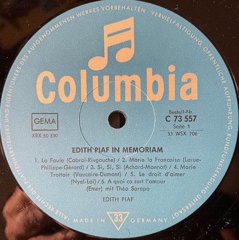 Edith Piaf : In Memoriam (LP, Comp, Mono)