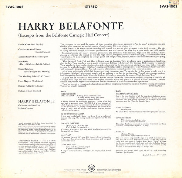 Harry Belafonte : Excerpts From The Belafonte Carnegie Hall Concert (LP, Album, RE)