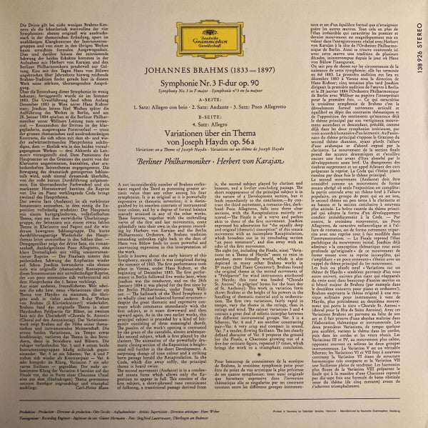 Johannes Brahms, Herbert von Karajan, Berliner Philharmoniker : Symphonie Nr. 3 • Haydn-Variationen (LP, RP)