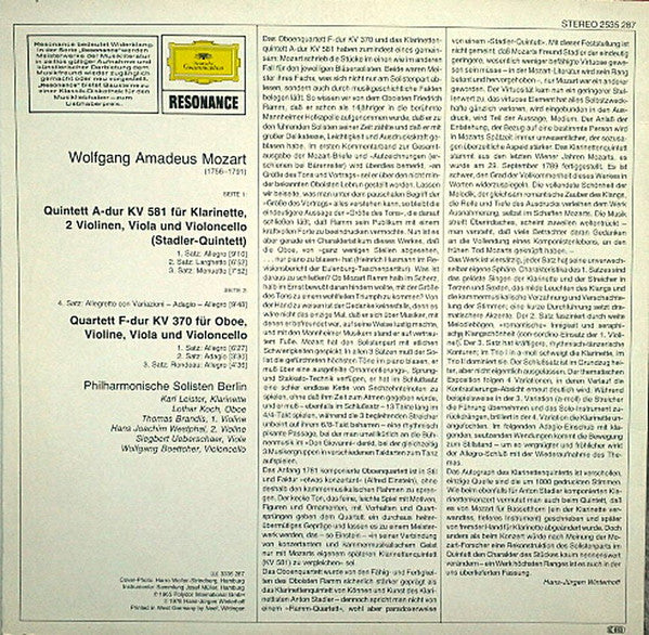 Wolfgang Amadeus Mozart, Philharmonische Solisten Berlin : Klarinettenquintett KV 581 / Oboenquartett KV 370 (LP, RE)