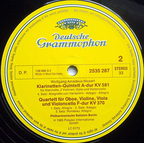 Wolfgang Amadeus Mozart, Philharmonische Solisten Berlin : Klarinettenquintett KV 581 / Oboenquartett KV 370 (LP, RE)