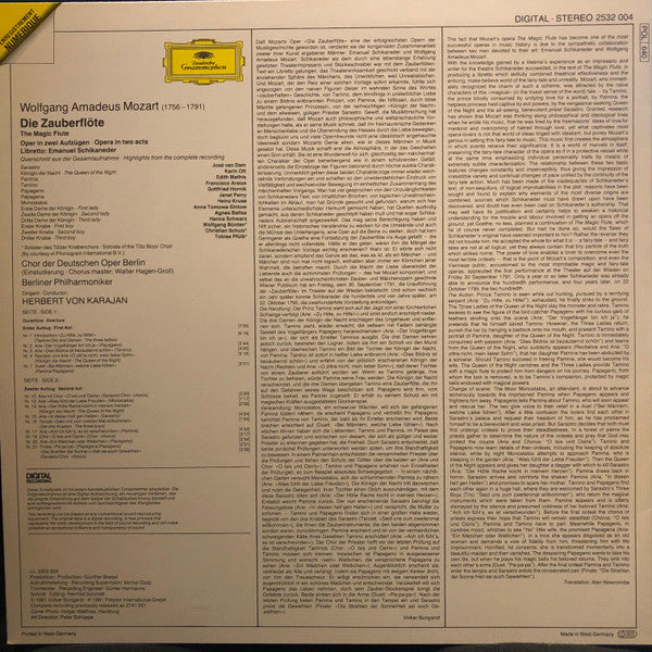 Wolfgang Amadeus Mozart · Herbert Von Karajan · Edith Mathis · Karin Ott · Janet Perry · Francisco Araiza · Gottfried Hornik · José Van Dam · Chor der Deutschen Oper Berlin · Berliner Philharmoniker : Die Zauberflöte / The Magic Flute / La Flûte Enchantée (LP)