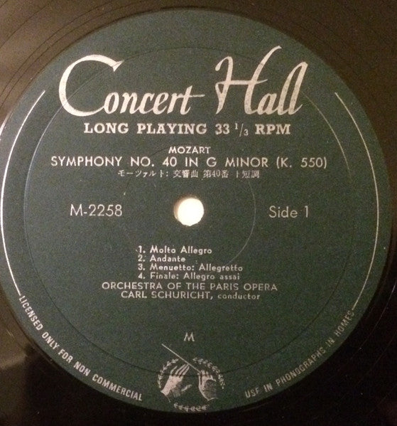 Wolfgang Amadeus Mozart, Orchestre National De L'Opéra De Paris, Carl Schuricht : Symphony No.40 In G Minor, Symphony No.36 In C Major "Linz" (LP)