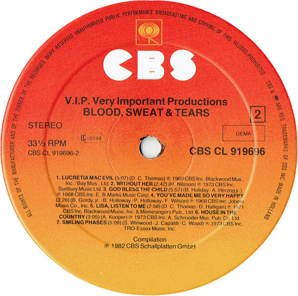 Blood, Sweat And Tears : V.I.P. Very Important Productions (LP, Comp, Club)