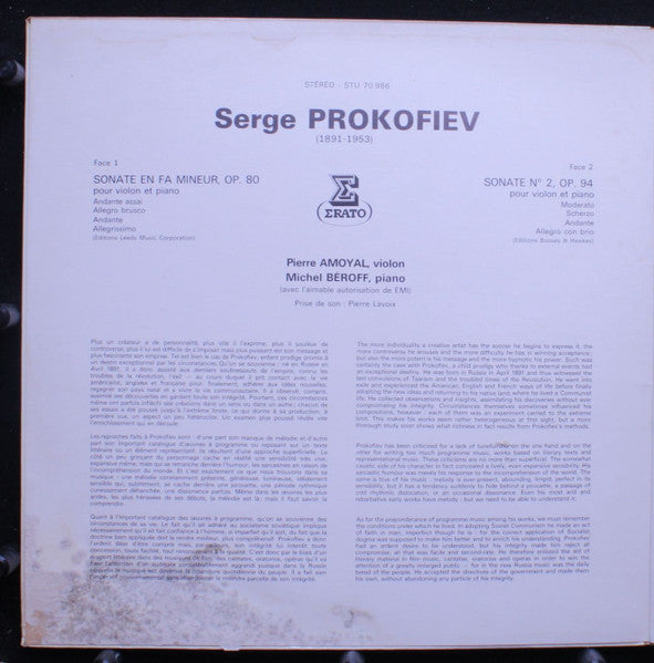 Sergei Prokofiev - Pierre Amoyal, Michel Béroff : Les Deux Sonates Pour Violon & Piano (LP, Gat)