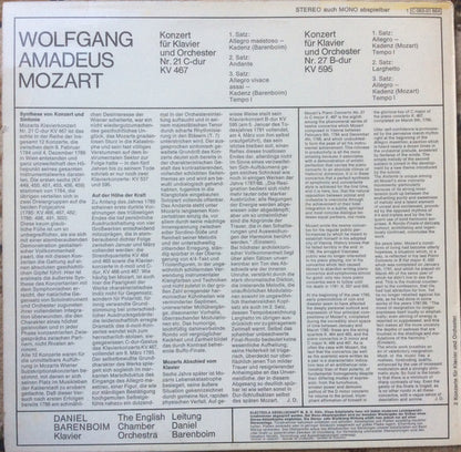 Wolfgang Amadeus Mozart, Daniel Barenboim, English Chamber Orchestra : Klavierkonzerte Nr. 21 C-dur KV467 und Nr. 27 B-dur KV 595 (LP)