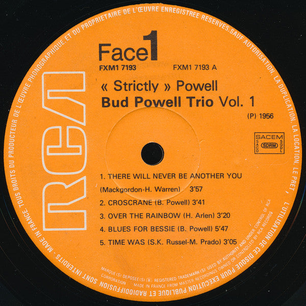 The Bud Powell Trio : "Strictly" Powell Vol. 1 (LP, Album, RE)