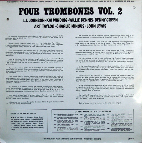 John Lewis (2) - Charles Mingus - J.J. Johnson - Kai Winding - Bennie Green - Willie Dennis : Four Trombones Volume 2 (LP, Album)