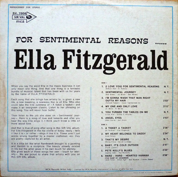 Ella Fitzgerald : For Sentimental Reasons... (LP, Comp, RM)