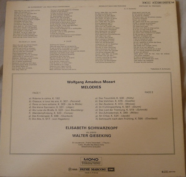 Elisabeth Schwarzkopf, Walter Gieseking - Wolfgang Amadeus Mozart : Mélodies (LP, Mono)