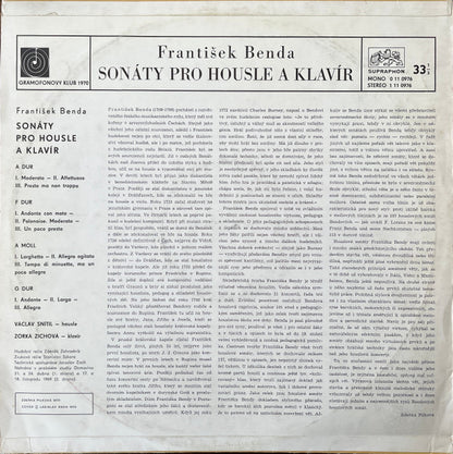 František Benda - Václav Snítil, Zorka Zichová : Sonáty Pro Housle A Klavír (LP, Club)