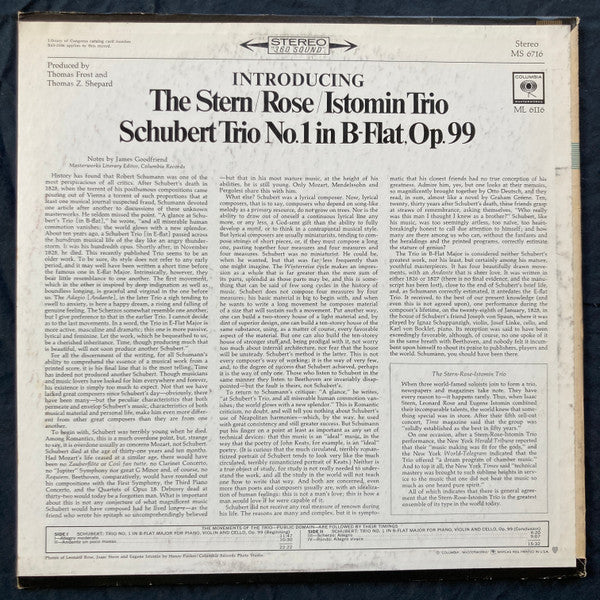 Franz Schubert - Eugene Istomin, Isaac Stern, Leonard Rose, The Istomin/Stern/Rose Trio : Schubert Trio No. 1 In B-Flat, Op. 99 (LP, RE, RP)