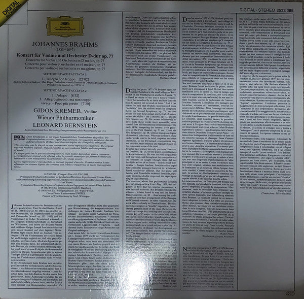 Johannes Brahms - Wiener Philharmoniker, Gidon Kremer · Leonard Bernstein : Violinkonzert = Violin Concerto (LP)