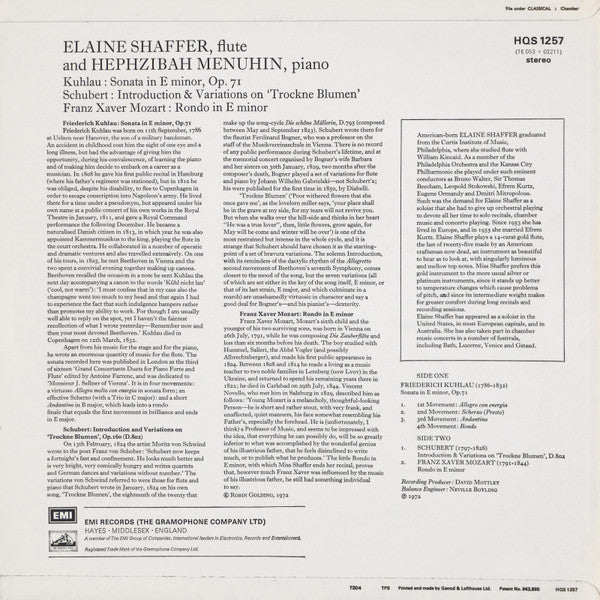 Elaine Shaffer, Hephzibah Menuhin, Daniel Friedrich Rudolph Kuhlau / Franz Schubert / Franz Xaver Wolfgang Mozart : Flute Sonata In E Minor / Introduction & Variations On "Trockne Blumen" / Rondo In E Minor (LP)