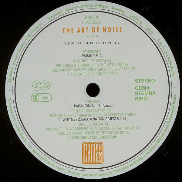 The Art Of Noise With Max Headroom : Paranoimia (Extended Version) (12", Maxi)