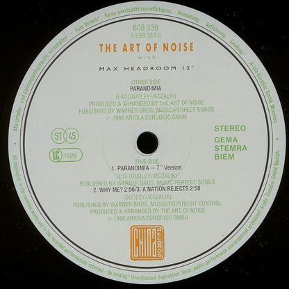 The Art Of Noise With Max Headroom : Paranoimia (Extended Version) (12", Maxi)