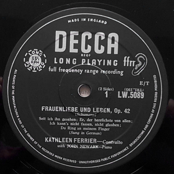 Kathleen Ferrier With John Newmark :  Schumann Frauenliebe Und Leben, Op. 42 (10", Mono)