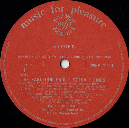 Earl Hines With Ralph Carmichael's Swingin' Big Band : The Fabulous Earl 'Fatha' Hines With Ralph Carmichael's Swingin' Big Band (LP, Album, RE)