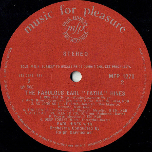 Earl Hines With Ralph Carmichael's Swingin' Big Band : The Fabulous Earl 'Fatha' Hines With Ralph Carmichael's Swingin' Big Band (LP, Album, RE)