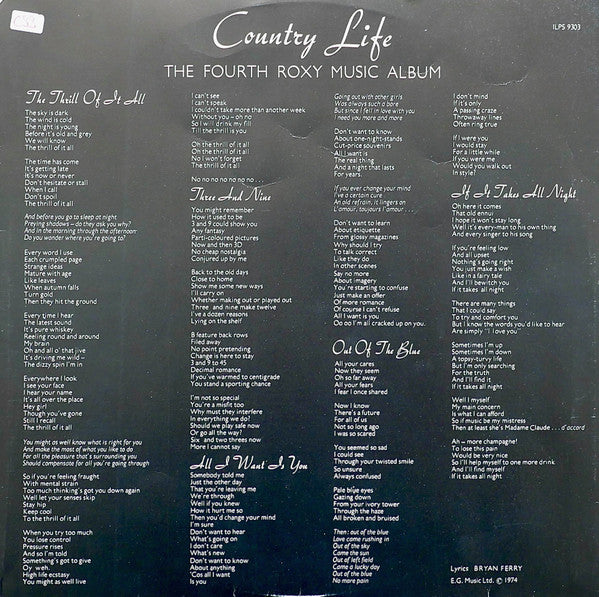 Roxy Music : Country Life (LP, Album, Rob)