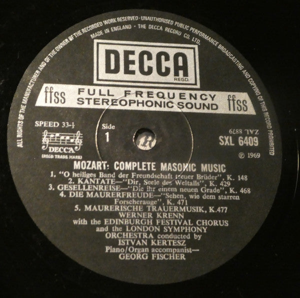 Wolfgang Amadeus Mozart, Werner Krenn ∙ Tom Krause, Edinburgh Festival Chorus, London Symphony Orchestra, István Kertész : Complete Masonic Music (LP)