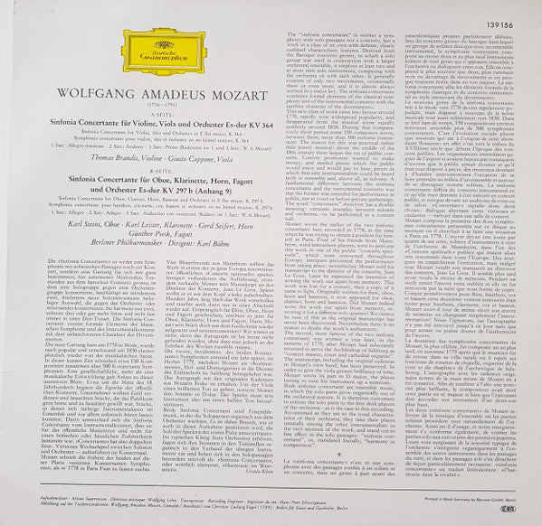 Wolfgang Amadeus Mozart - Karl Böhm • Berliner Philharmoniker : Sinfonie Concertanti (KV 364 & KV 297 B) (LP, RE)