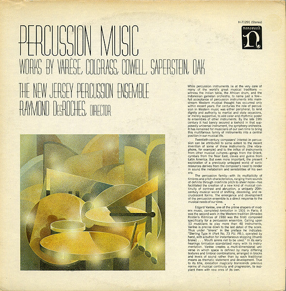 Edgard Varèse, Michael Colgrass, Henry Cowell, David Saperstein, Kil-sung Oak - The New Jersey Percussion Ensemble, Raymond Des Roches : Percussion Music (LP, Album, RE)