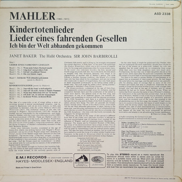 Janet Baker, Gustav Mahler, Hallé Orchestra, Sir John Barbirolli : Janet Baker Sings Mahler (LP)