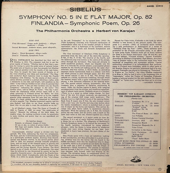 Jean Sibelius - Herbert von Karajan, Philharmonia Orchestra : Symphony No. 5 In E Flat Major. Op. 82. /  Finlandia Op. 26 (LP, Mono, Red)
