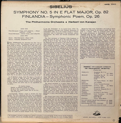 Jean Sibelius - Herbert von Karajan, Philharmonia Orchestra : Symphony No. 5 In E Flat Major. Op. 82. /  Finlandia Op. 26 (LP, Mono, Red)