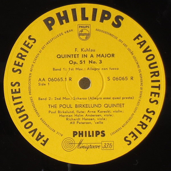 Daniel Friedrich Rudolph Kuhlau, The Poul Birkelund Quintet : Quintet In A Major Op. 51 No. 3 (10", Mono)