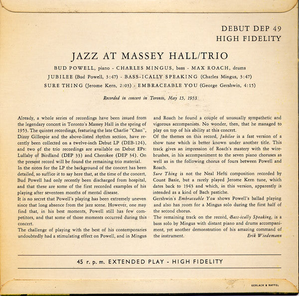 The Bud Powell Trio : The Bud Powell Trio At Massey Hall (7", EP)