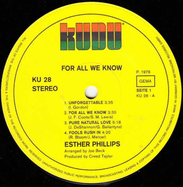 Esther Phillips With Joe Beck : For All We Know (LP, Album)