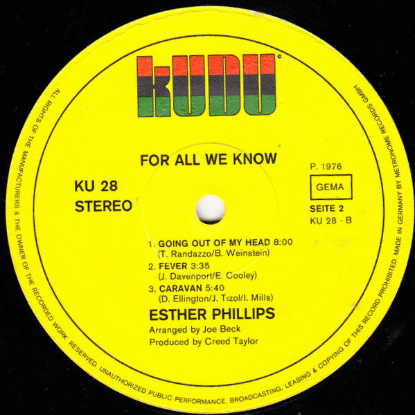 Esther Phillips With Joe Beck : For All We Know (LP, Album)