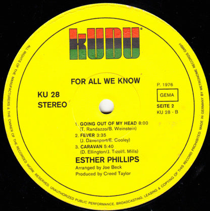 Esther Phillips With Joe Beck : For All We Know (LP, Album)