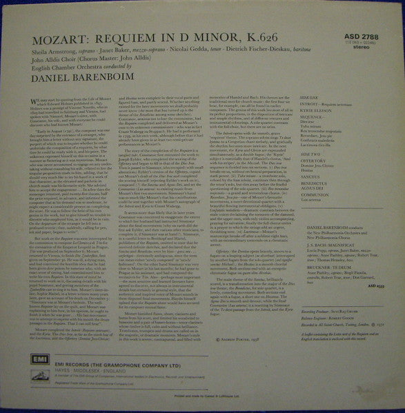 Wolfgang Amadeus Mozart, Sheila Armstrong • Janet Baker • Nicolai Gedda • Dietrich Fischer-Dieskau, John Alldis Choir & English Chamber Orchestra Conducted By Daniel Barenboim : Requiem (LP, RP)