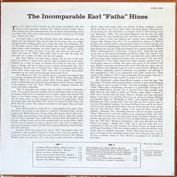 Earl Hines : The Incomparable Earl "Fatha" Hines (LP)