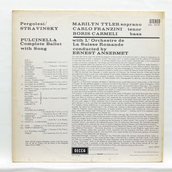 Igor Stravinsky, Marilyn Tyler ∙ Carlo Franzini, Boris Carmeli, L'Orchestre De La Suisse Romande, Ernest Ansermet : Pulcinella (LP)