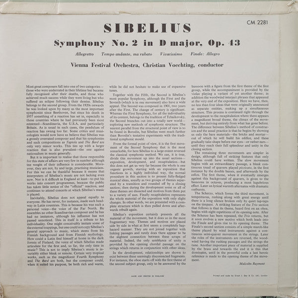 Jean Sibelius - Wiener Festspielorchester, Christian Voechting : Symphonie No. 2 In D Major, Op. 43 (LP, Album, Mono)