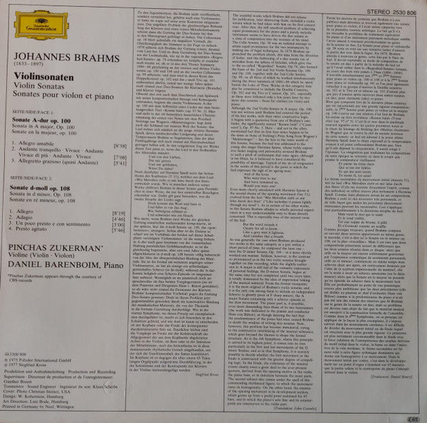 Johannes Brahms – Pinchas Zukerman · Daniel Barenboim : Sonaten Für Violine Und Klavier = Sonatas For Violin And Piano - No.2 A-dur = In A Major,Op.100 · No.3 d-moll = In D Minor,Op.108 (LP)