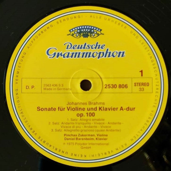 Johannes Brahms – Pinchas Zukerman · Daniel Barenboim : Sonaten Für Violine Und Klavier = Sonatas For Violin And Piano - No.2 A-dur = In A Major,Op.100 · No.3 d-moll = In D Minor,Op.108 (LP)