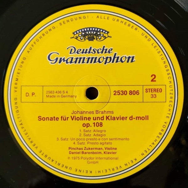 Johannes Brahms – Pinchas Zukerman · Daniel Barenboim : Sonaten Für Violine Und Klavier = Sonatas For Violin And Piano - No.2 A-dur = In A Major,Op.100 · No.3 d-moll = In D Minor,Op.108 (LP)