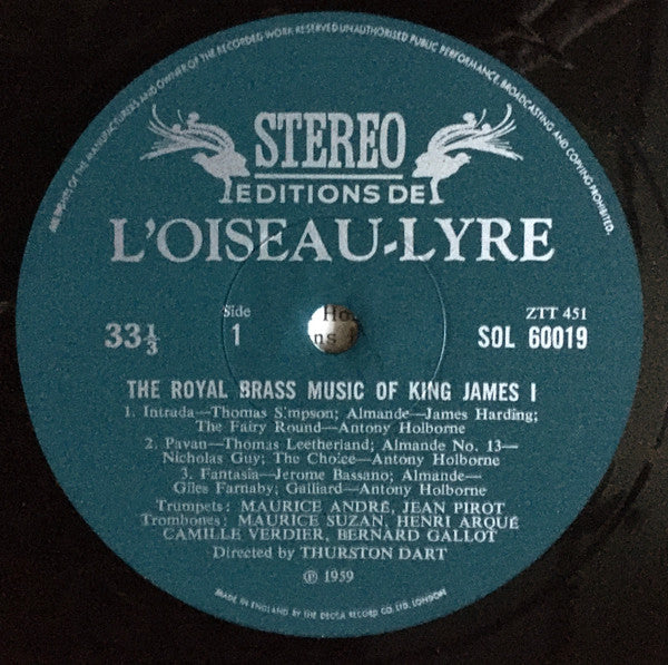 Maurice André, Jean Pirot, Maurice Suzan, Henri Arqué, Camille Verdier, Bernard Gallot Directed By Thurston Dart : The Royal Brass Music Of King James 1 (LP, Album, RE)