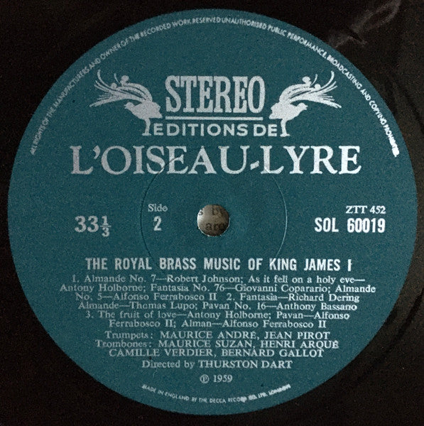 Maurice André, Jean Pirot, Maurice Suzan, Henri Arqué, Camille Verdier, Bernard Gallot Directed By Thurston Dart : The Royal Brass Music Of King James 1 (LP, Album, RE)