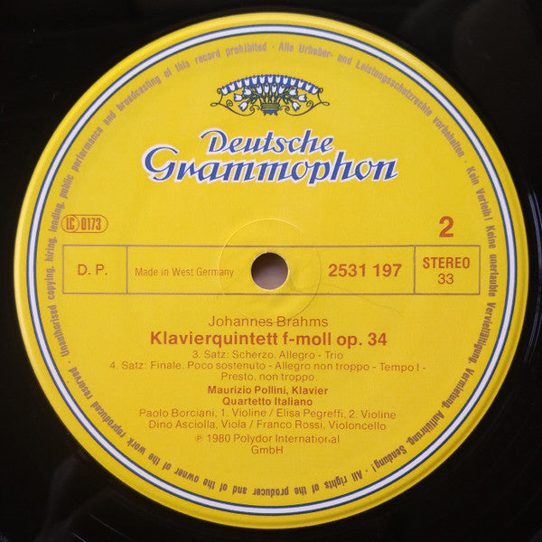 Johannes Brahms - Maurizio Pollini · Quartetto Italiano : Klavierquintett Op. 34 ·  Piano Quintet (LP)